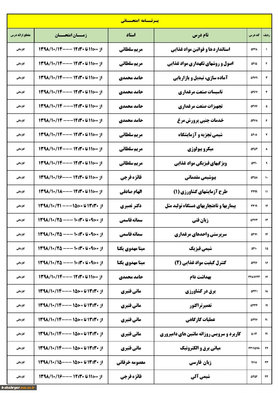 برنامه امتحانی کاردانی