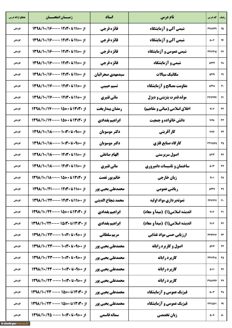 برنامه امتحانی کاردانی