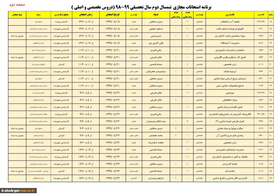 برنامه امتحانی دروس اختصاصی و. اصلی صفحه دوم